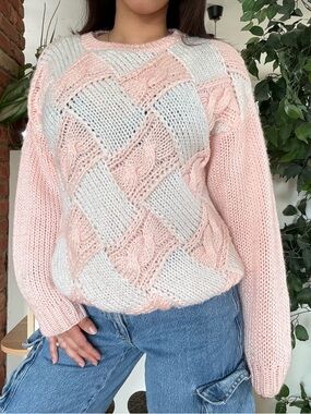 90s Pastel Pink White Knit Sweater Coquette Soft Girl